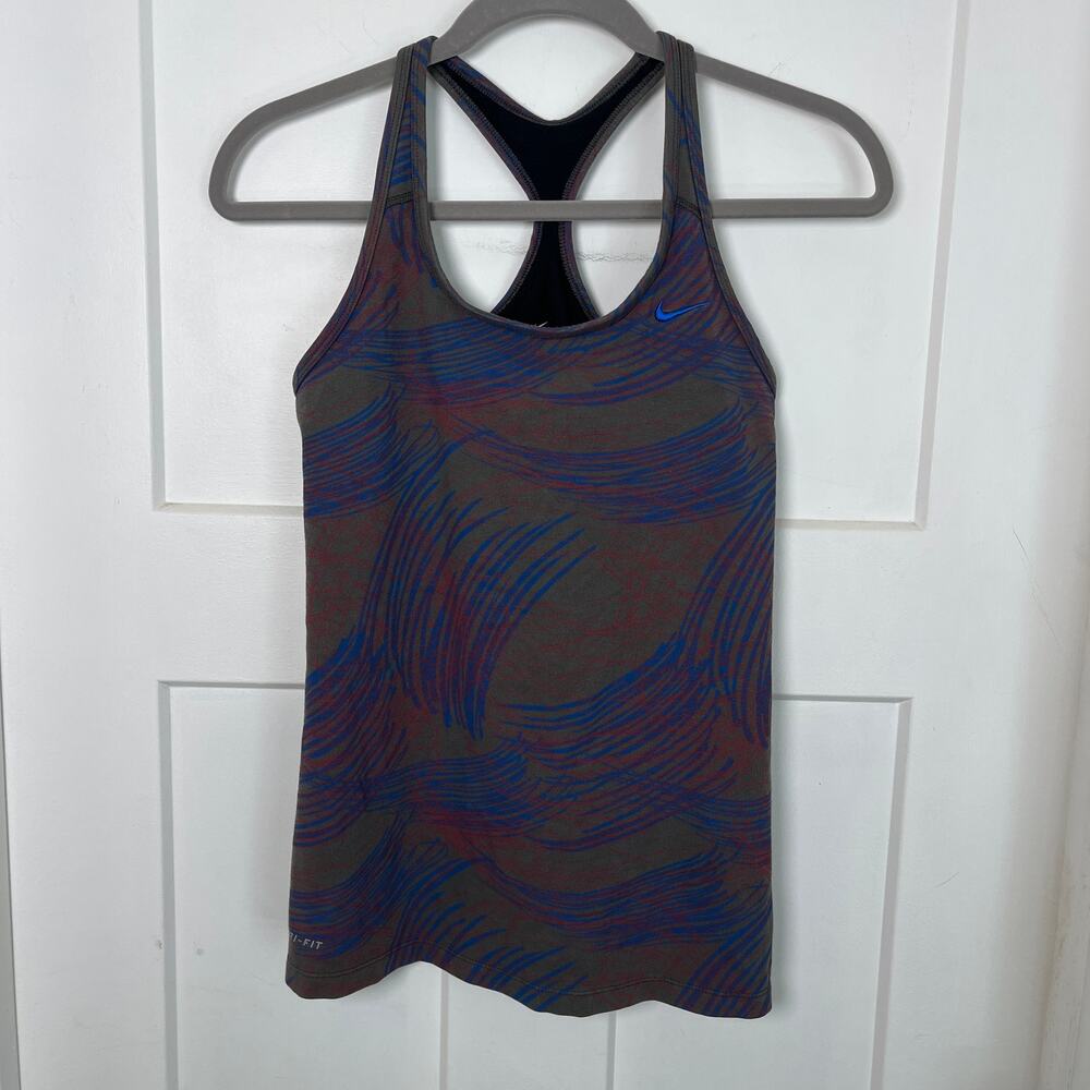 Nike Dri-Fit Mesh Racerback Tank Built-in Bra Gray Blue Red Medium